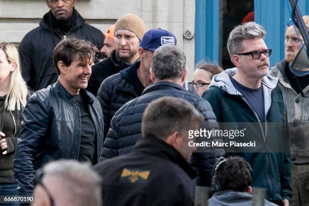 Actor Tom Cruise and director Christopher McQuarrie are seen on set for 'Mission:Impossible 6 Gemini' filming on April 10, 2017 in Paris, France.