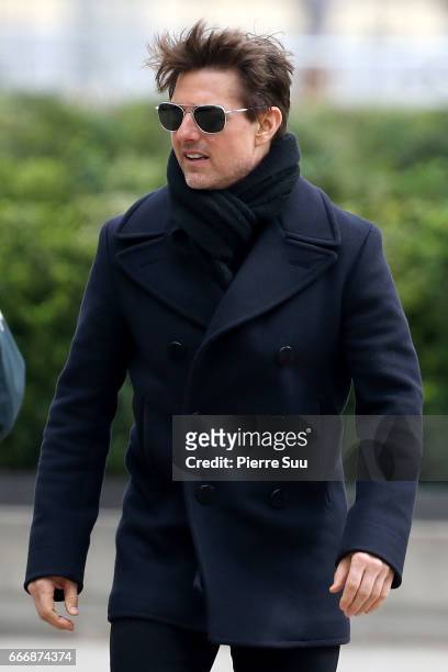 Actor Tom Cruise is seen on set for 'Mission:Impossible 6 Gemini' filming on April 10, 2017 in Paris, France.