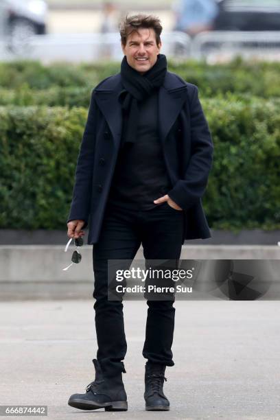 Actor Tom Cruise is seen on set for 'Mission:Impossible 6 Gemini' filming on April 10, 2017 in Paris, France.