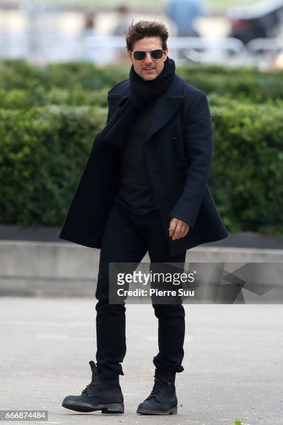 Actor Tom Cruise is seen on set for 'Mission:Impossible 6 Gemini' filming on April 10, 2017 in Paris, France.