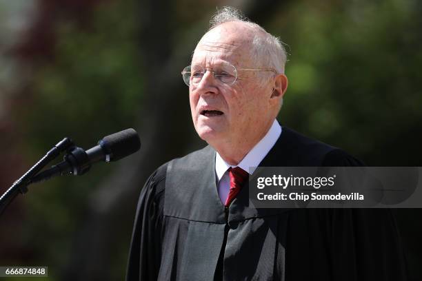 Supreme Court Associate Justice Anthony Kennedy delivers remarks before administering the judicial oath to Judge Neil Gorsuch during a ceremony in...