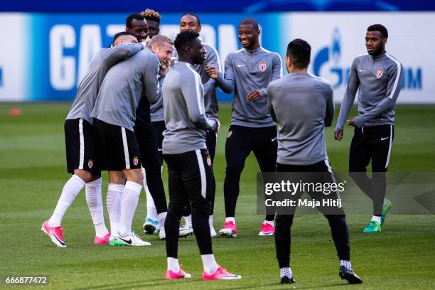 Players of AS Monaco joke during a training session prior the UEFA Champions League Quarter Final First Leg match between Borussia Dortmund and AS...