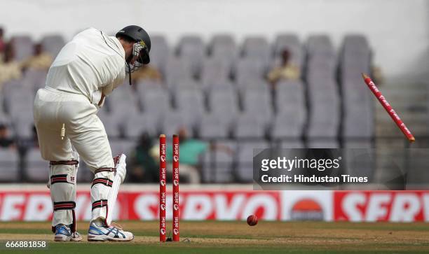 New Zealand batsman Andy McKay is bowled by India bowler Ishant Sharma on the second day of the third test match between India and New Zealand at...