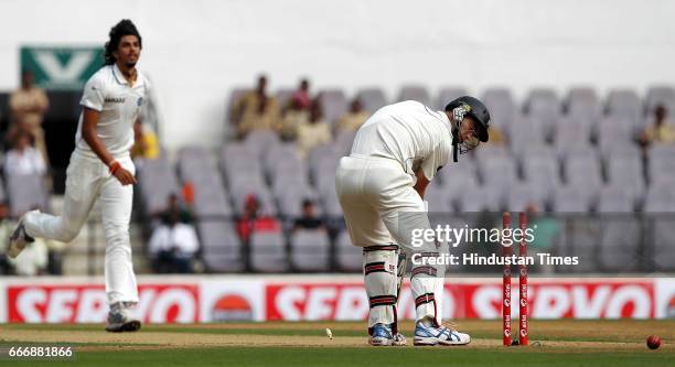 New Zealand batsman Andy McKay is bowled by India bowler Ishant Sharma on the second day of the third test match between India and New Zealand at...