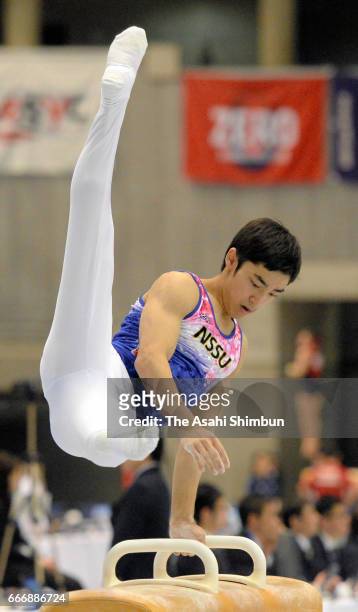 Kenzo Shirai competes in the pommel horse during day one of the All Japan Artistic Gymnastics Championships at Tokyo Metropolitan Gymnasium on April...