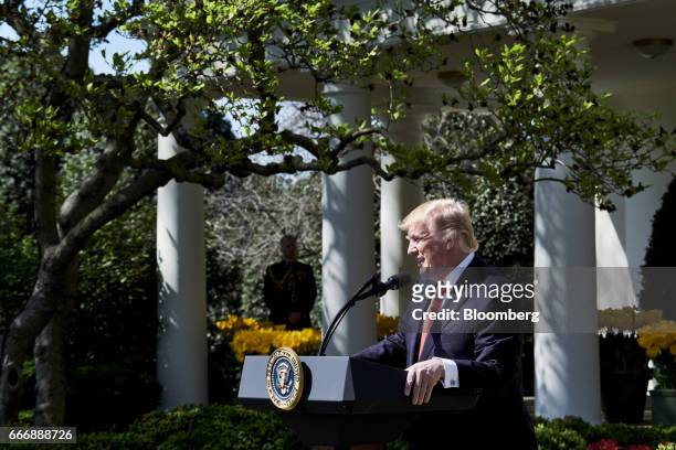 President Donald Trump speaks during the swearing in ceremony of Judge Neil Gorsuch as U.S. Supreme Court associate justice in the Rose Garden at the...