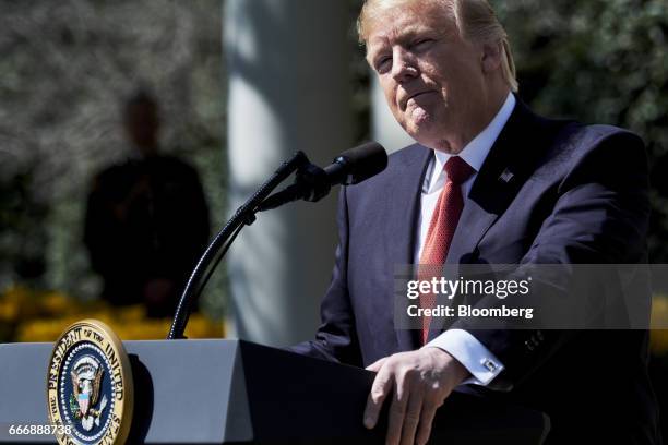 President Donald Trump speaks during the swearing in ceremony of Judge Neil Gorsuch as U.S. Supreme Court associate justice in the Rose Garden at the...