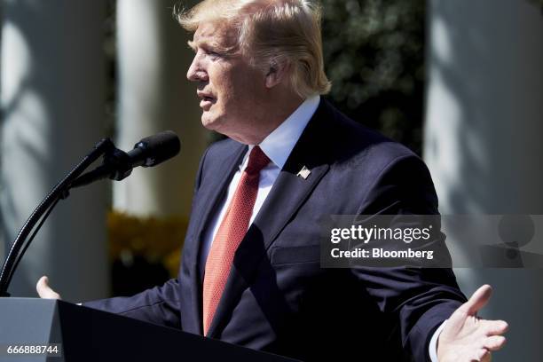 President Donald Trump speaks during the swearing in ceremony of Judge Neil Gorsuch as U.S. Supreme Court associate justice in the Rose Garden at the...