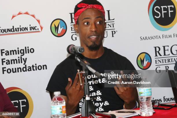 Playwrite Patrick Jackson speaks during 'LGBTQ & Black Identities in Media' panel discussion during the 2017 Sarasota Film Festival on April 9, 2017...