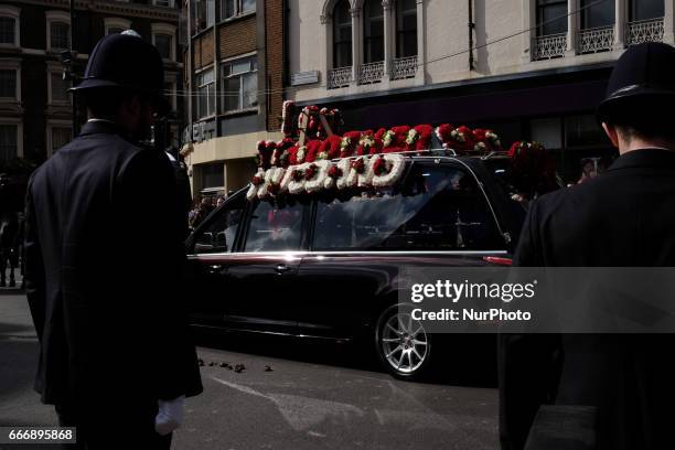 The funeral cortege of PC Keith Palmer leaves Southwark Cathedral on April 10, 2017 in London, United Kingdom. A Full Force funeral is held for PC...
