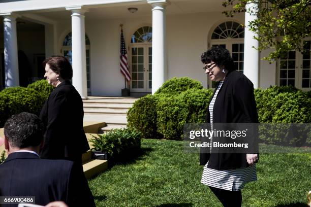 Supreme Court Justices Elena Kagan, left, and Sonia Sotomayor arrive at the swearing in ceremony of Judge Neil Gorsuch as U.S. Supreme Court...