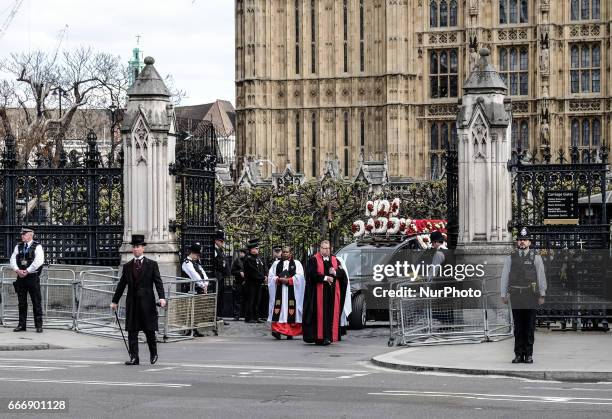 The hearse carrying the coffin of PC Keith Palmer, the officer killed in the March 22 Westminster terror attack, leaves the Chapel of St Mary...