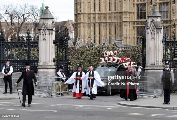 The hearse carrying the coffin of PC Keith Palmer, the officer killed in the March 22 Westminster terror attack, leaves the Chapel of St Mary...