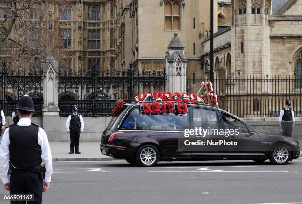 The hearse carrying the coffin of PC Keith Palmer, the officer killed in the March 22 Westminster terror attack, leaves the Chapel of St Mary...