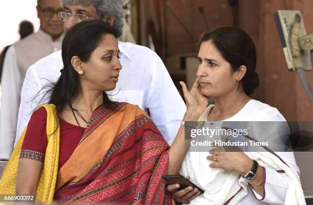Supriya Sule and Congress MP Ranjeet Ranjan at Parliament during the second leg of Budget Session on April 10, 2017 in New Delhi, India. The Lok...