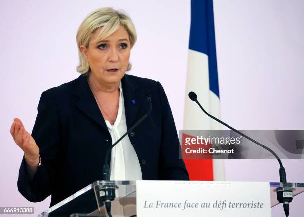 French far-right political party National Front President, Marine Le Pen delivers a speech focused on the theme "France faces the terrorist...