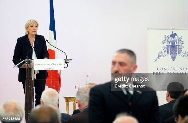 French far-right political party National Front President, Marine Le Pen delivers a speech focused on the theme "France faces the terrorist...