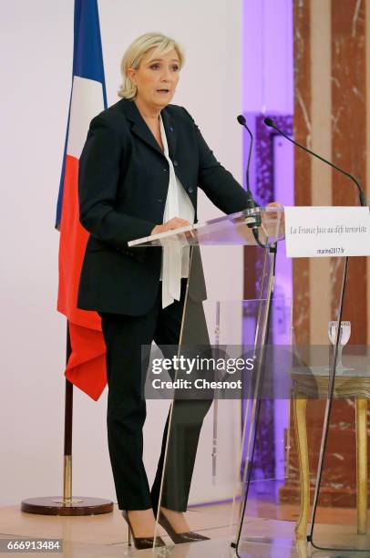 French far-right political party National Front President, Marine Le Pen delivers a speech focused on the theme "France faces the terrorist...