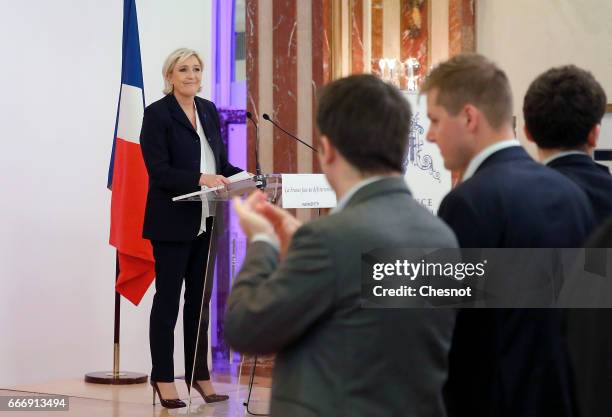 French far-right political party National Front President, Marine Le Pen delivers a speech focused on the theme "France faces the terrorist...