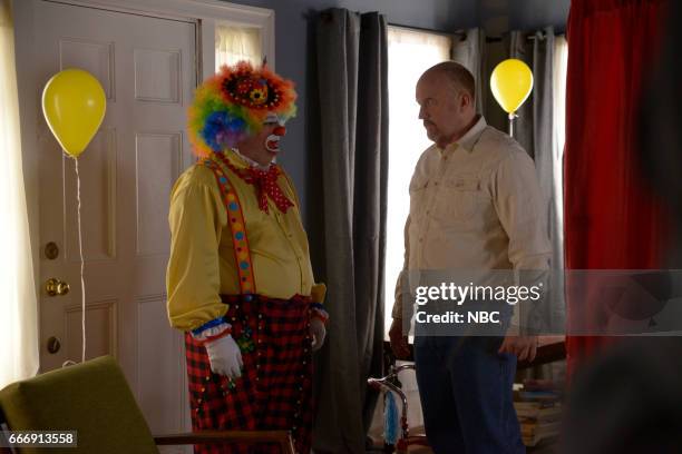 Louis C.K." Episode 1721 -- Pictured: Bobby Moynihan as the Clown, host Louis C.K. As Ernest during the "Birthday Clown" sketch on April 8, 2017 --