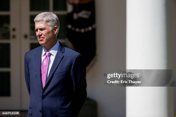 Supreme Court Associate Justice Neil Gorsuch is seen during a ceremony in the Rose Garden at the White House April 10, 2017 in Washington, DC....