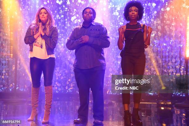 Louis C.K." Episode 1721 -- Pictured: Cecily Strong, Kenan Thompson, and Sasheer Zamata during the "Tribute Song" sketch on April 8, 2017 --