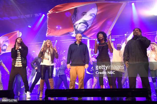 Louis C.K." Episode 1721 -- Pictured: Mikey Day, Cecily Strong, host Louis C.K., Sasheer Zamata, and Kenan Thompson during the "Tribute Song" sketch...