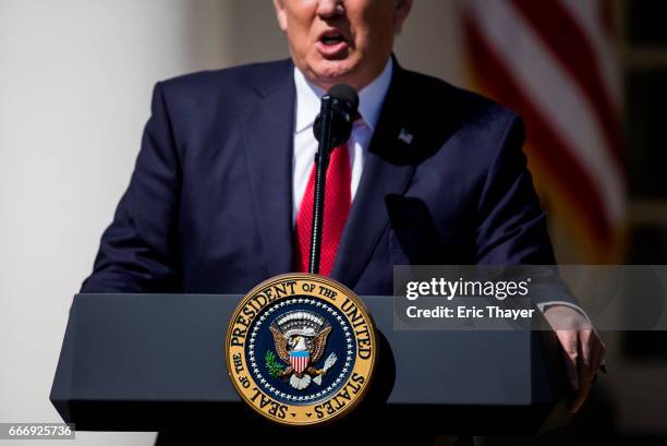 President Donald Trump speaks during a Supreme Court swearing in ceremony in the Rose Garden at the White House April 10, 2017 in Washington, DC....