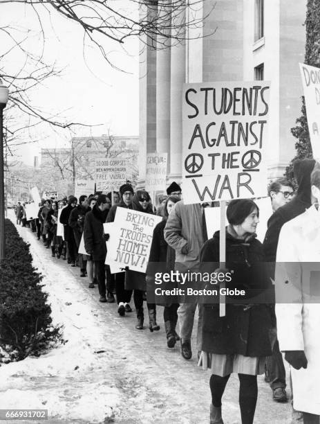 Protest against the Vietnam War takes place on the Harvard University campus in Cambridge, MA on Feb. 13, 1967.