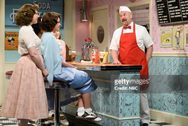Louis C.K." Episode 1721 -- Pictured: Vanessa Bayer, Cecily Strong, Aidy Bryant, and host Louis C.K. As Sam during the "Soda Shop" sketch on April 8,...