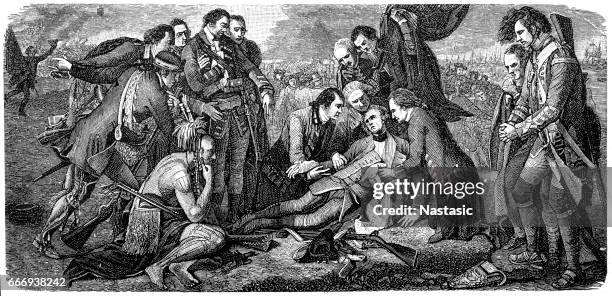 death of general wolfe in the battle of quebec - people in quebec city stock illustrations