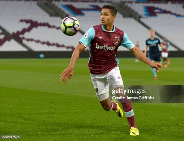 Kyle Knoyle of West Ham United in action during the Premier League 2 match between West Ham United and Middlesbrough at London Stadium on April 10,...