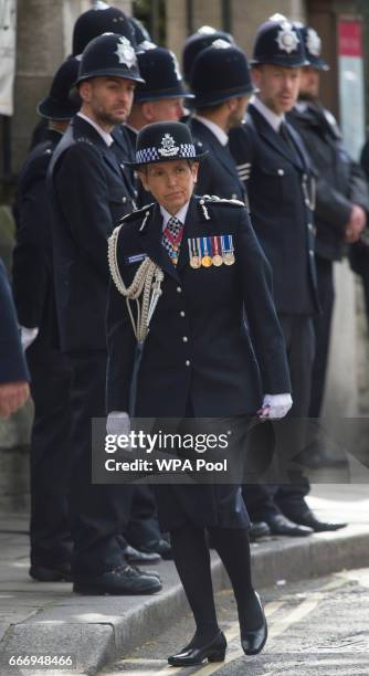 Commissioner of the Metropolitan Police, Cressida Dick arrives for the funeral service of PC Keith Palmer at Southwark Cathedral on April 10, 2017 in...