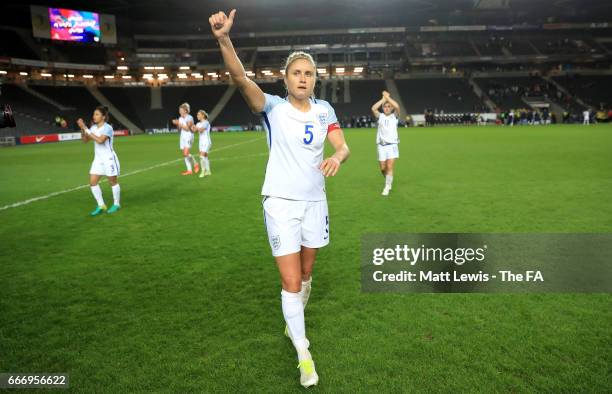 Steph Houghton of England salutes the crowd after the Women's International Friendly match between England and Austria at Stadium mk on April 10,...