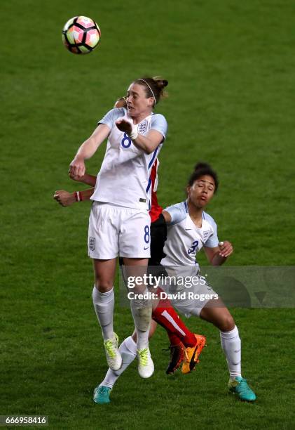 Jade Moore of England wins a header during the Women's International Friendly match between England and Austria at Stadium mk on April 10, 2017 in...