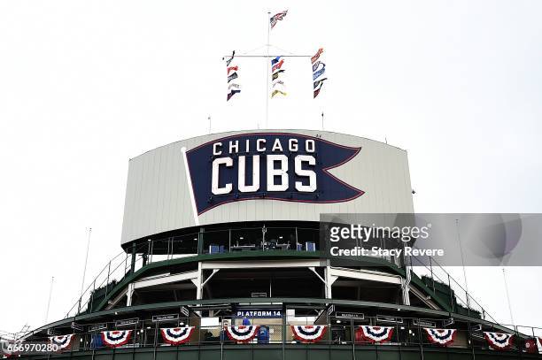 General view of the Chicago Cubs sign at Wrigley Field prior to the home opener between the Chicago Cubs and the Los Angeles Dodgers on April 10,...