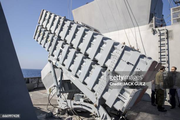 Missile boxes "Gabriel" are seen onboard the Israeli vessel Saar 5 Class Corvette "INS Hanit" during the "Novel Dina 17" training session in the...