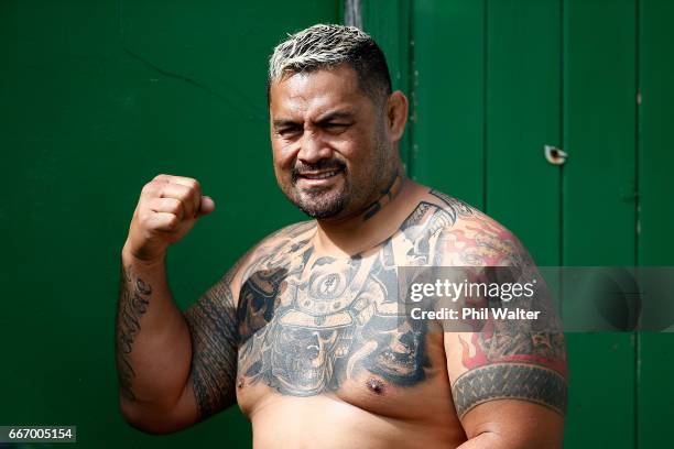 Star Mark Hunt was a guest during an Auckland Blues Super Rugby training session at Eden Park on April 11, 2017 in Auckland, New Zealand.