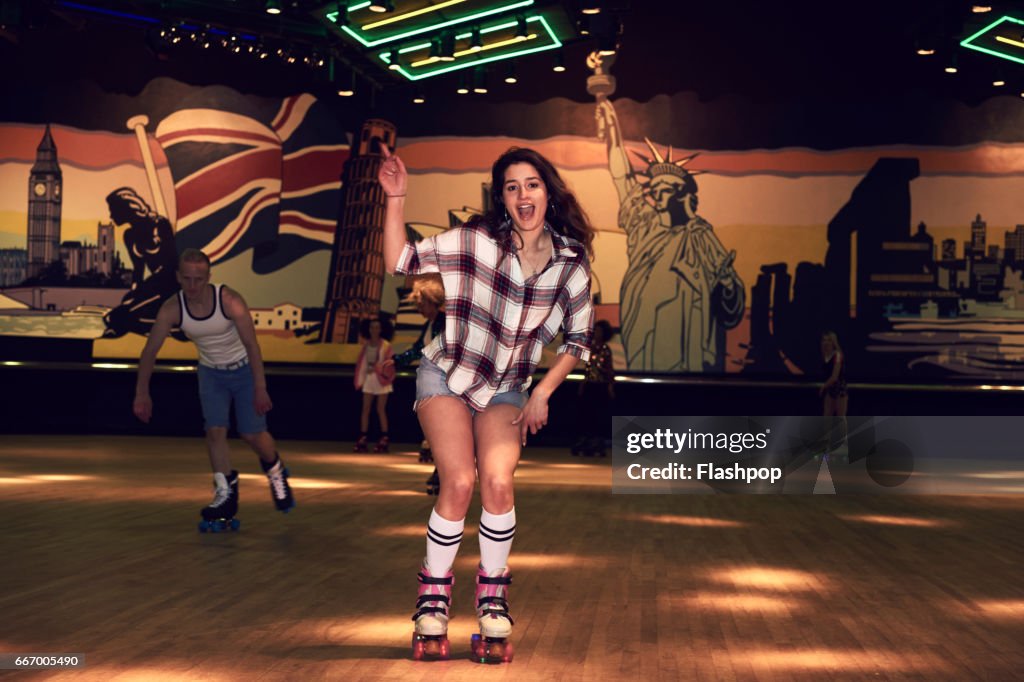 Woman having fun at roller disco