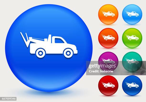 abschleppen von lkw-symbol auf glänzenden farbkreis tasten - tow truck icons stock-grafiken, -clipart, -cartoons und -symbole