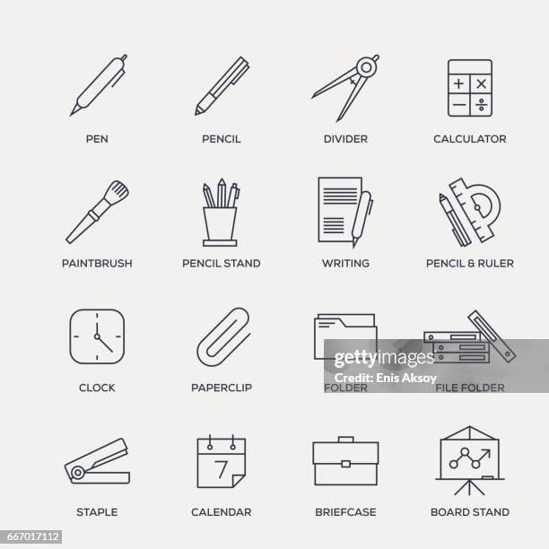 ilustrações, clipart, desenhos animados e ícones de conjunto de ícones de artigos de papelaria escritório - linha série - material de escritório