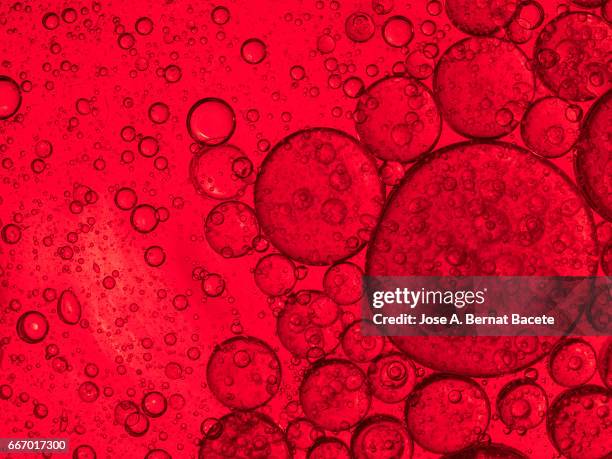 full frame of the textures formed by the bubbles and drops of oil in the shape of circle floating on a red colors background - simetría stockfoto's en -beelden