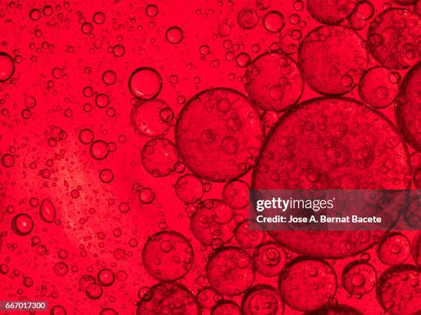 full frame of the textures formed by the bubbles and drops of oil in the shape of circle floating on a red colors background - círculo 個照片及圖片檔