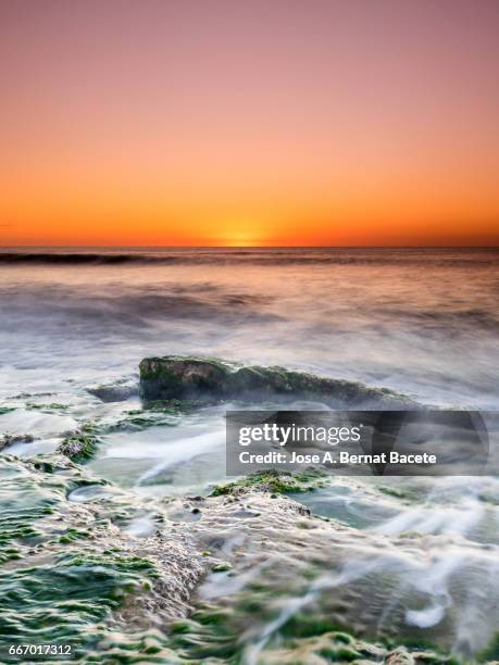 exit of the sun of orange color, on the surface of the sea, in a zone of coast with rocks and waves in movement - paisaje espectacular - fotografias e filmes do acervo