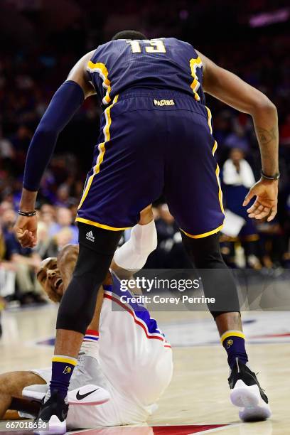 Paul George of the Indiana Pacers confronts Gerald Henderson of the Philadelphia 76ers - both would be ejected a few plays later - during the fourth...