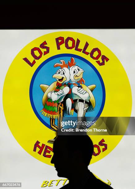 People queue at the Los Pollos Hermanos pop up restaurant on April 11, 2017 in Sydney, Australia. The fictional chicken shop featured in the TV...