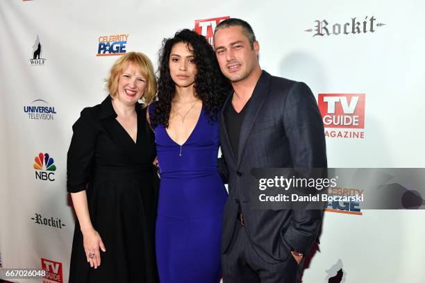 Robyn Coffin, Miranda Rae Mayo and Taylor Kinney attend TV Guide Celebrates Cover Stars Taylor Kinney & Jesse Spencer at RockIt Ranch on April 10,...