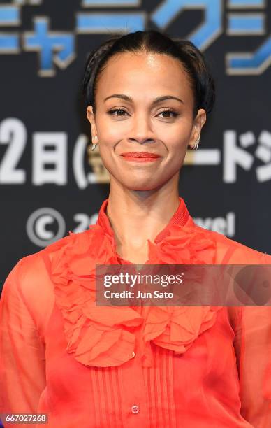 Actress Zoe Saldana attends the 'Guardians of the Galaxy Vol.2' press conference at the Ritz-Carlton on April 11, 2017 in Tokyo, Japan.