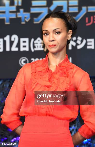 Actress Zoe Saldana attends the 'Guardians of the Galaxy Vol.2' press conference at the Ritz-Carlton on April 11, 2017 in Tokyo, Japan.