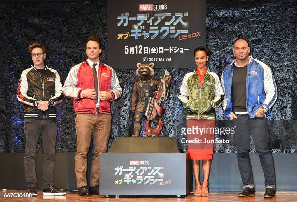 Director James Gunn, actors Chris Pratt, Zoe Saldana and Dave Bautista attend the 'Guardians of the Galaxy Vol.2' press conference at the...